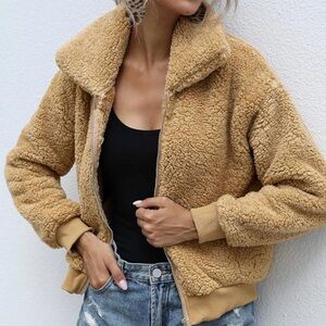 🌟NWT🌟 AKEWEI Women's Cropped Teddy SUPER Soft Fuzzy Full Zip Bomber Jacket L